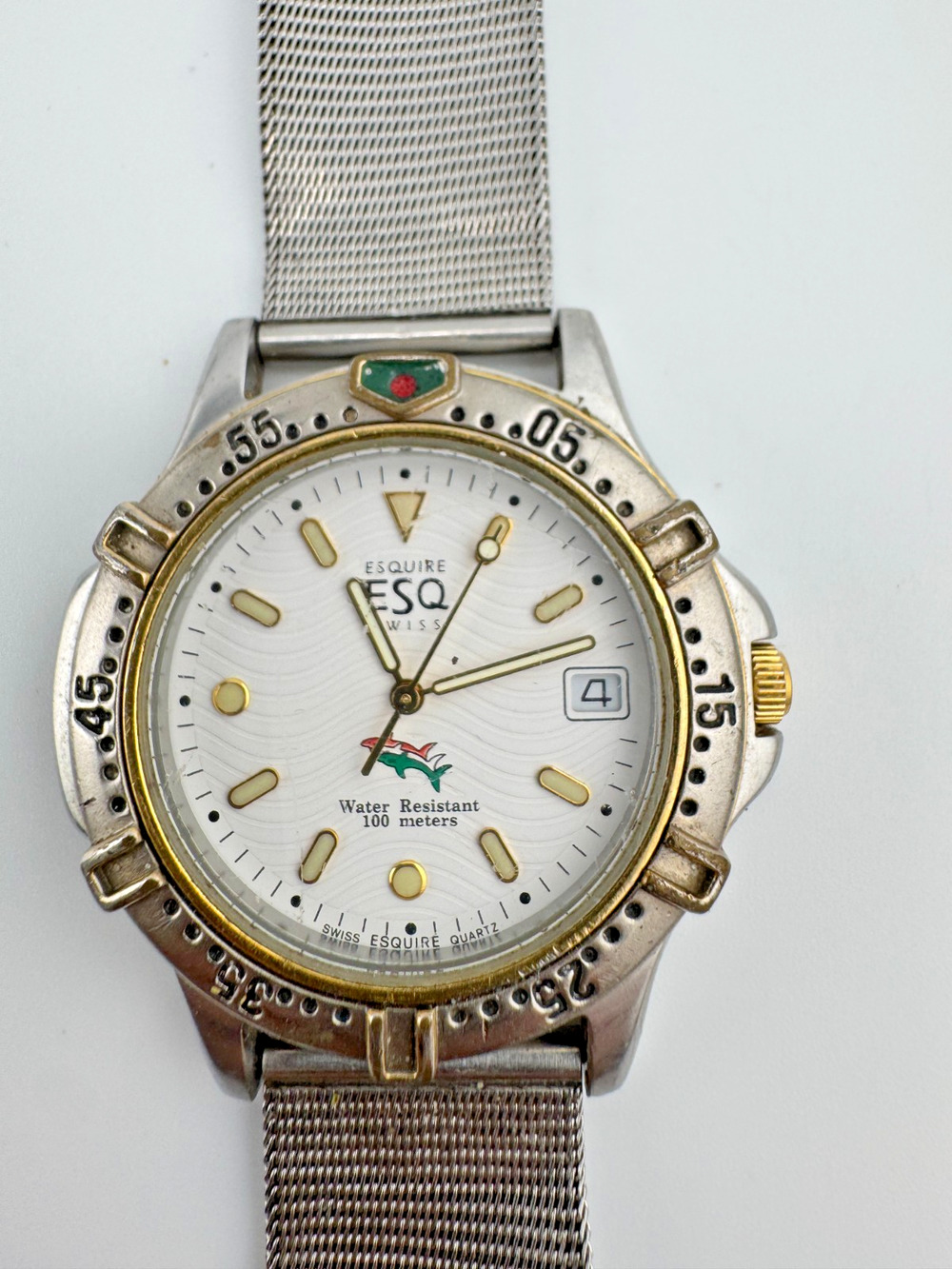 ESQ by Movado Swiss Quartz Dive Watch Two Tone Date Mesh Band Water Resist
